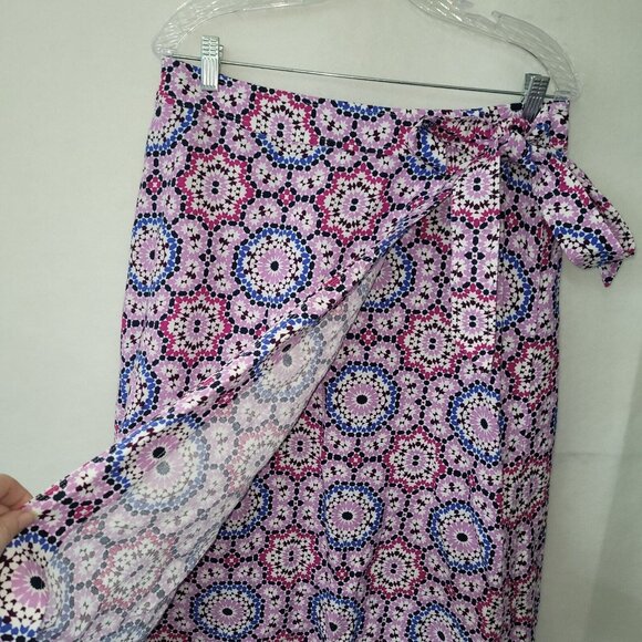 Loft Linen Wrap Skirt Women 10 Pink Blue Mosaic Floral Midi Linen/Viscose New - Picture 4 of 14